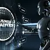 Roboter steht vor Symbol mit der Aufschrift Business Analytics