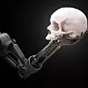 Roboterarm mit Menschenschädel,