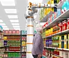 Humanoider Roboter holt für alte Dame Waren aus einem Supermarkt-Regal.