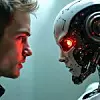 man face to face to humanoid ai robot , human vs artificial intelligence