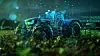 A stunning 3D visualization of Al-driven agriculture, featuring a tractor with holographic interfaces and neon lighting, illustrating cutting-edge farming technology