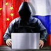 Anonymous hacker working on a laptop, flags of China and Russia