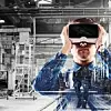 Mann mit VR-Brille in Fabrikhalle,