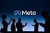 NEW YORK, USA, 1. MARCH 2022: Meta or Metaverse logo on big screen, Facebook company, Meta Platforms. business and employment-oriented online service Group of business people chat on phone and laptop