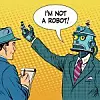 Comic-Szene: Ein Roboter in einem Anzug spricht zu einem Reporter