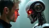 man face to face to humanoid ai robot , human vs artificial intelligence