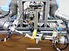 Zwei Roboterarme mit Greifern schälen eine Banane