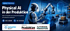 Roboterarme und Automatisierungstechnik in einer blau beleuchteten Produktionshalle.