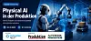 Roboterarme und Automatisierungstechnik in einer blau beleuchteten Produktionshalle.